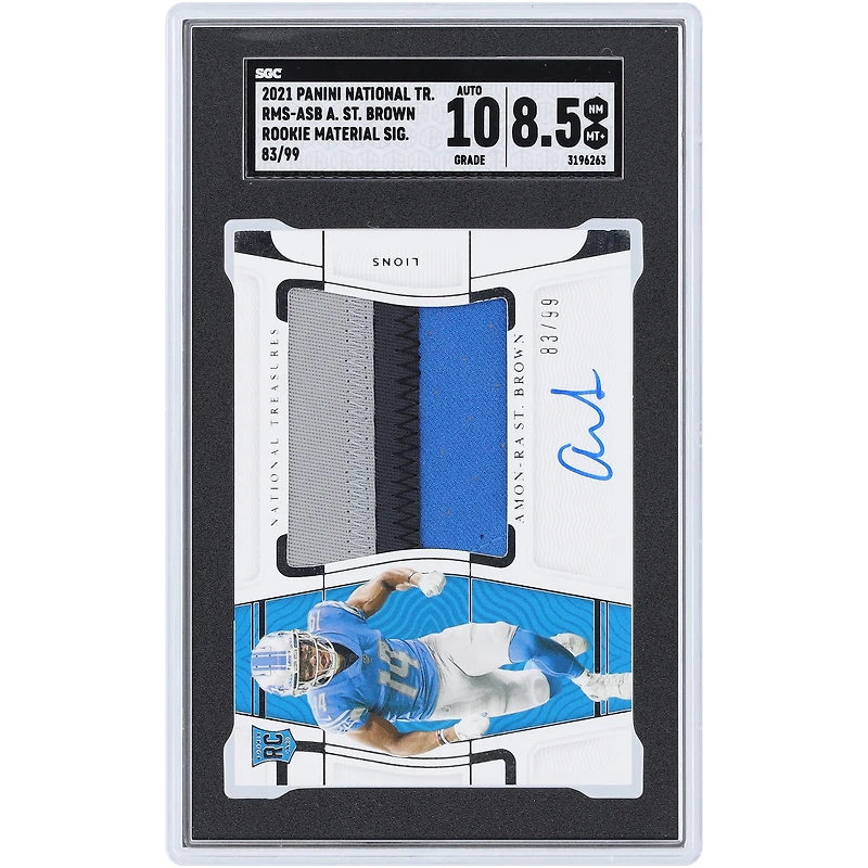 Amon-Ra St. Brown Detroit Lions Autographed 2021 Panini National Treasures Rookie Materials Sigs Tri-Color Relic #RMS-ASB #83/99 SGC Authenticated 8.5/10 Rookie Card