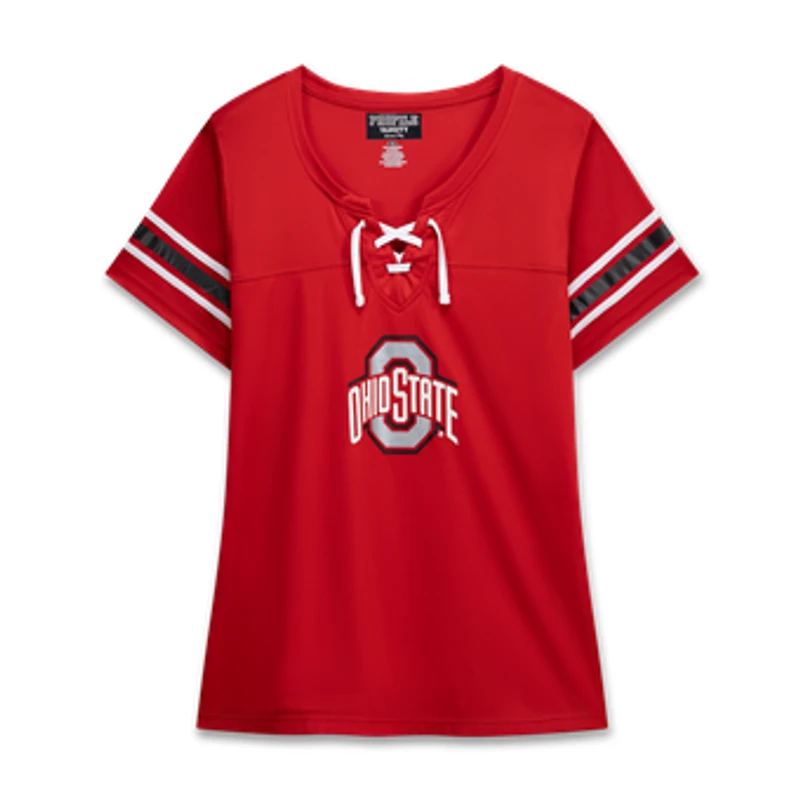 Women's Fanatics Scarlet Ohio State Buckeyes Plus Size Mesh Overlay Lace-Up Jersey T-Shirt