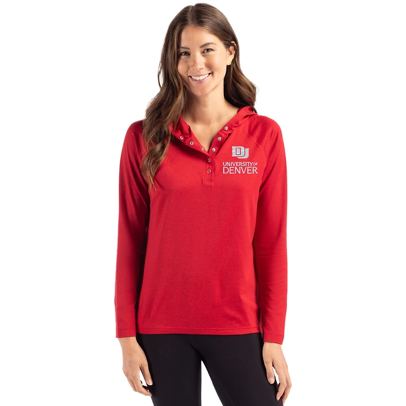 Women's Cutter & Buck Red Denver Pioneers Coastline Epic Comfort Eco Recycled Long Sleeve Hoodie T-Shirt
