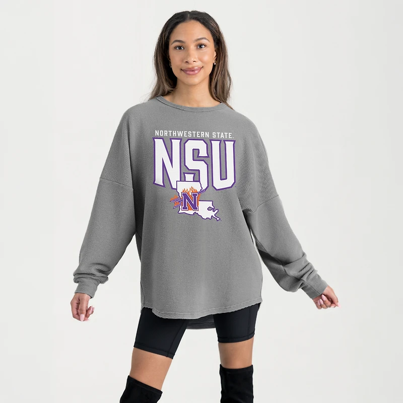 Women's Gameday Couture Gray Northwestern State Demons Oversized Pure Motion Corded Sweatshirt