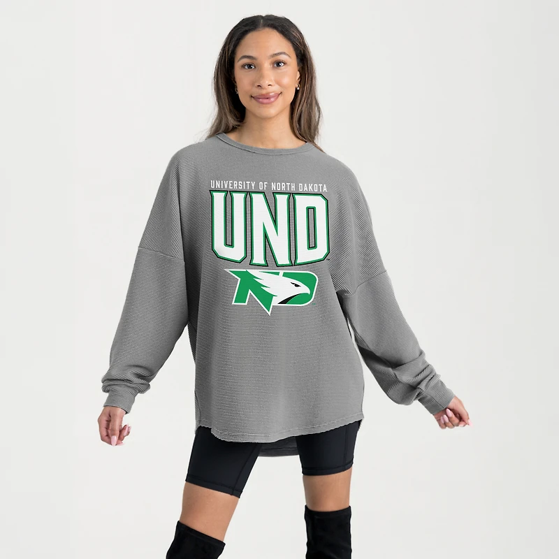 Women's Gameday Couture Gray North Dakota Oversized Pure Motion Corded Sweatshirt