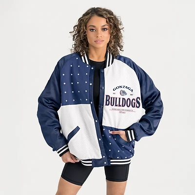 Women's Gameday Couture Navy Gonzaga Bulldogs Oversized Inner Drive Varsity Rhinestone Full-Snap Bomber Jacket