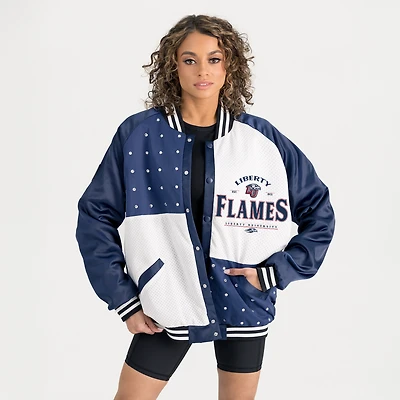 Women's Gameday Couture Navy Liberty Flames Oversized Inner Drive Varsity Rhinestone Full-Snap Bomber Jacket