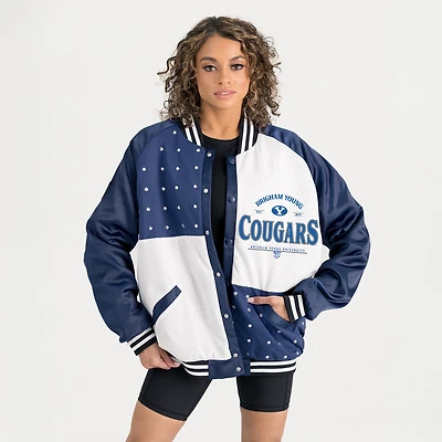 Women's Gameday Couture Navy BYU Cougars Oversized Inner Drive Varsity Rhinestone Full-Snap Bomber Jacket