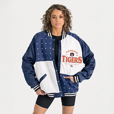Women's Gameday Couture Navy Auburn Tigers Oversized Inner Drive Varsity Rhinestone Full-Snap Bomber Jacket