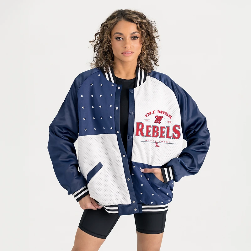 Women's Gameday Couture Navy Ole Miss Rebels Oversized Inner Drive Varsity Rhinestone Full-Snap Bomber Jacket