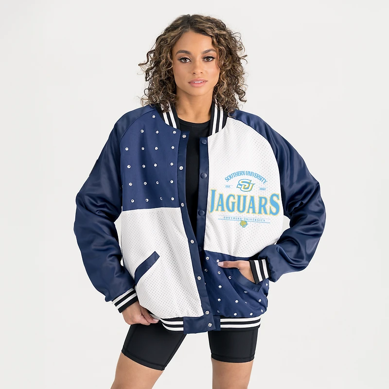 Women's Gameday Couture Navy Southern University Jaguars Oversized Inner Drive Varsity Rhinestone Full-Snap Bomber Jacket