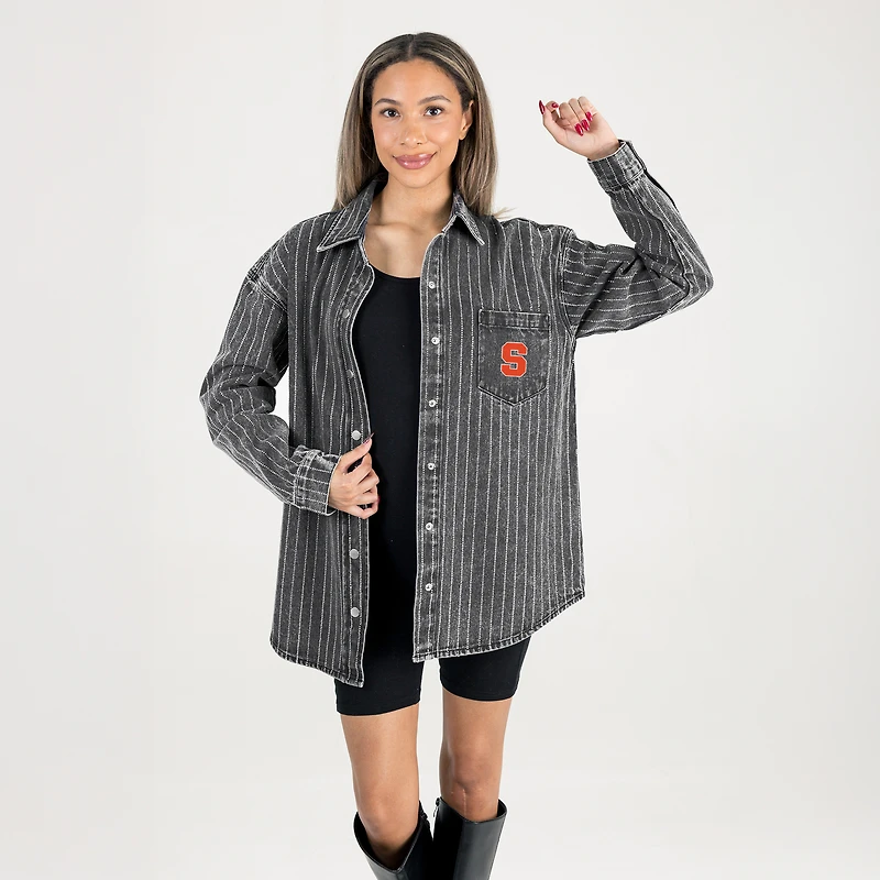 Women's Gameday Couture Black Syracuse Orange Oversized Style's the Limit Micro-Rhinestone Stripe Washed Denim Button Up Overshirt