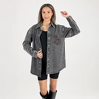 Women's Gameday Couture Black Texas Tech Red Raiders Oversized Style's the Limit Micro-Rhinestone Stripe Washed Denim Button Up Overshirt