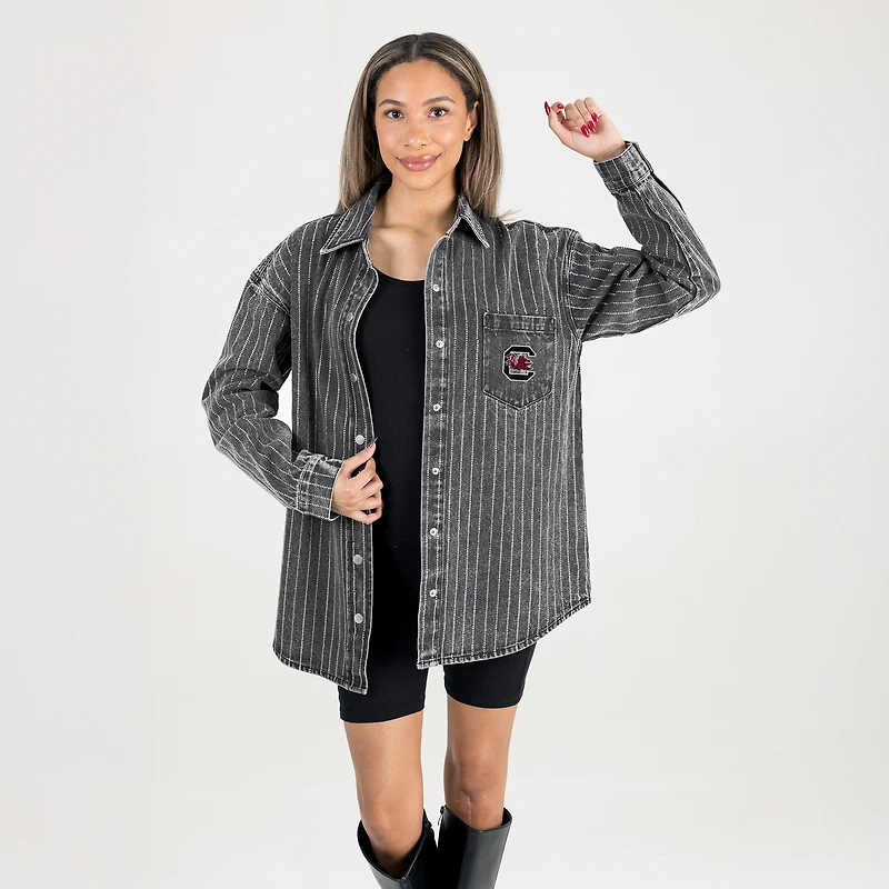 Women's Gameday Couture Black South Carolina Gamecocks Oversized Style's the Limit Micro-Rhinestone Stripe Washed Denim Button Up Overshirt