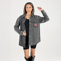 Women's Gameday Couture Black Utah Utes Oversized Style's the Limit Micro-Rhinestone Stripe Washed Denim Button Up Overshirt