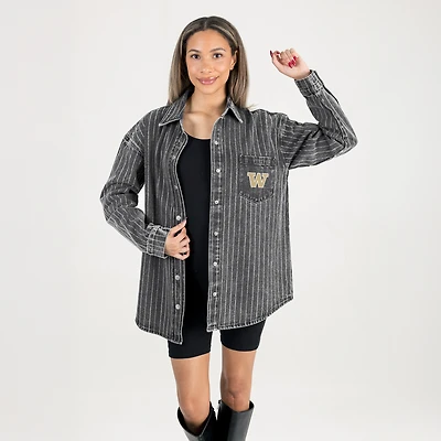 Women's Gameday Couture Black Washington Huskies Oversized Style's the Limit Micro-Rhinestone Stripe Washed Denim Button Up Overshirt