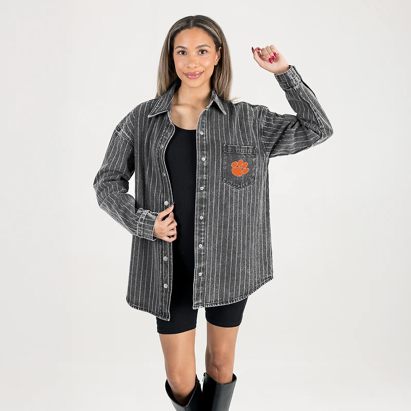 Women's Gameday Couture Black Clemson Tigers Oversized Style's the Limit Micro-Rhinestone Stripe Washed Denim Button Up Overshirt