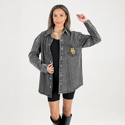 Women's Gameday Couture Black Baylor Bears Oversized Style's the Limit Micro-Rhinestone Stripe Washed Denim Button Up Overshirt