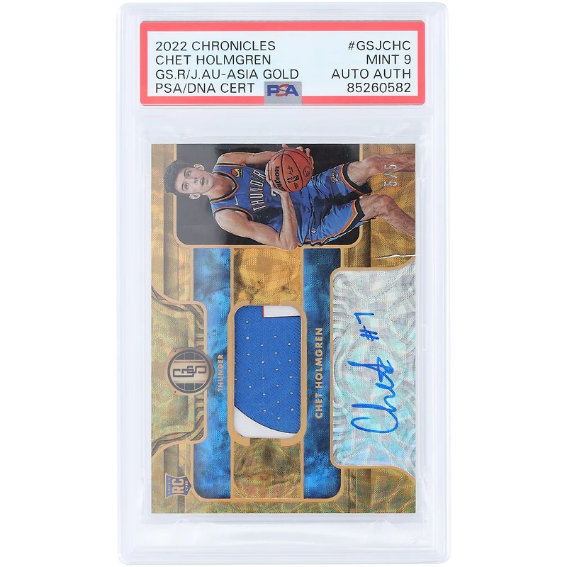 Chet Holmgren Oklahoma City Thunder Autographed 2022-23 Panini Chronicles Gold Standard Tri-Color Relic #GSJ-CHC #5/5 PSA Authenticated 9 Rookie Card