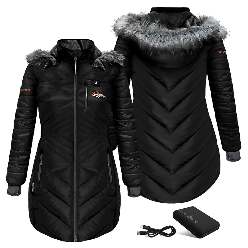 Women's ActionHeat Black Denver Broncos 5V Battery Heated Long Puffer Full-Zip Hoodie Jacket