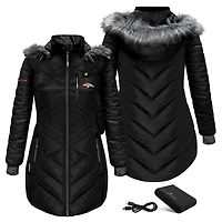 Women's ActionHeat Black Denver Broncos 5V Battery Heated Long Puffer Full-Zip Hoodie Jacket