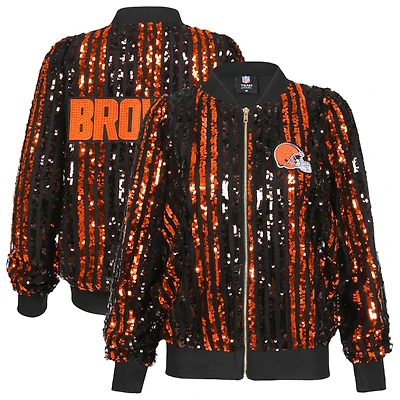 Women's Cuce Brown Cleveland Browns Two-Tone Sequin Striped Full-Zip Bomber Jacket