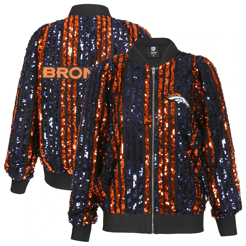 Women's Cuce Navy Denver Broncos Slim Fit Sequin Striped Full-Zip Bomber Jacket