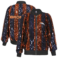 Women's Cuce Navy Denver Broncos Slim Fit Sequin Striped Full-Zip Bomber Jacket