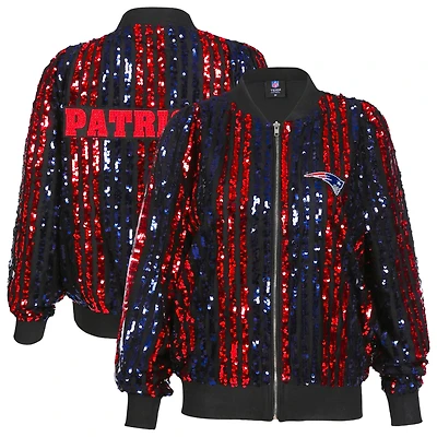 Women's Cuce Navy New England Patriots Two-Tone Sequin Striped Full-Zip Bomber Jacket