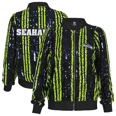 Women's Cuce College Navy Seattle Seahawks Two-Tone Sequin Striped Full-Zip Bomber Jacket