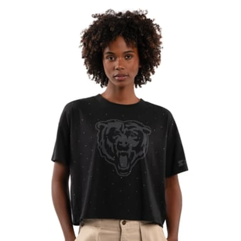 Women's Starter Black Chicago Bears Rhinestone Sprinkle Boxy Cropped T-Shirt