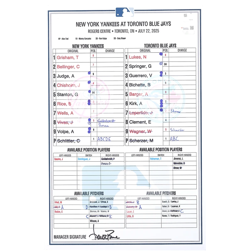 New York Yankees Game-Used Lineup Card vs. Toronto Blue Jays on July 22, 2025