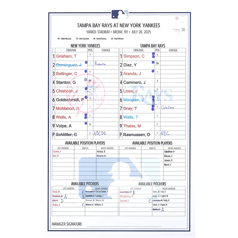 New York Yankees Game-Used Lineup Card vs. Tampa Bay Rays on July 28, 2025