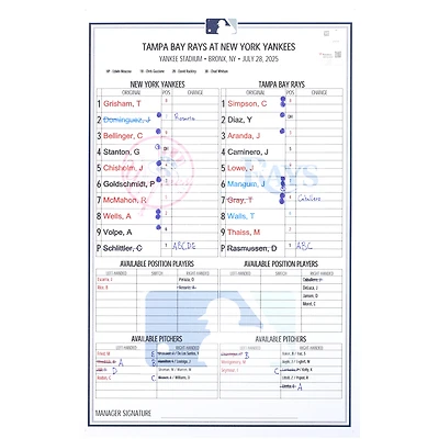 New York Yankees Game-Used Lineup Card vs. Tampa Bay Rays on July 28, 2025