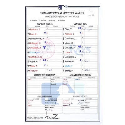 New York Yankees Game-Used Lineup Card vs. Tampa Bay Rays on July 29, 2025
