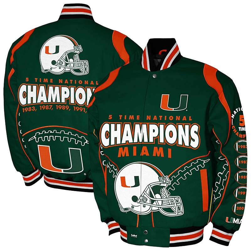 Men's Franchise Club Green Miami Hurricanes 5-Time Champions Signature Cotton Twill Full-Snap Jacket