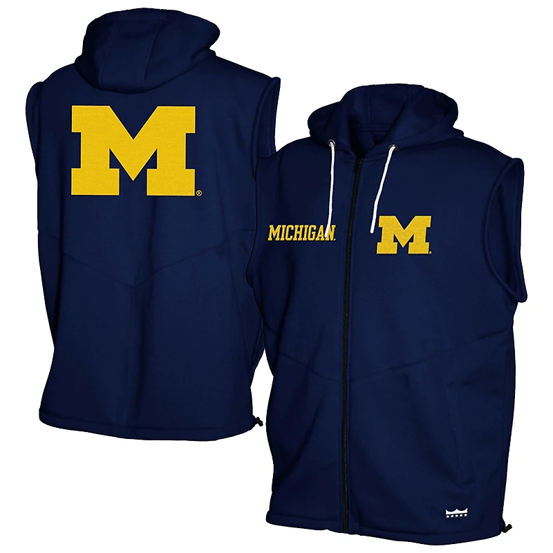 Men's Franchise Club Navy Michigan Wolverines Gym Fleece Full-Zip Hoodie Vest