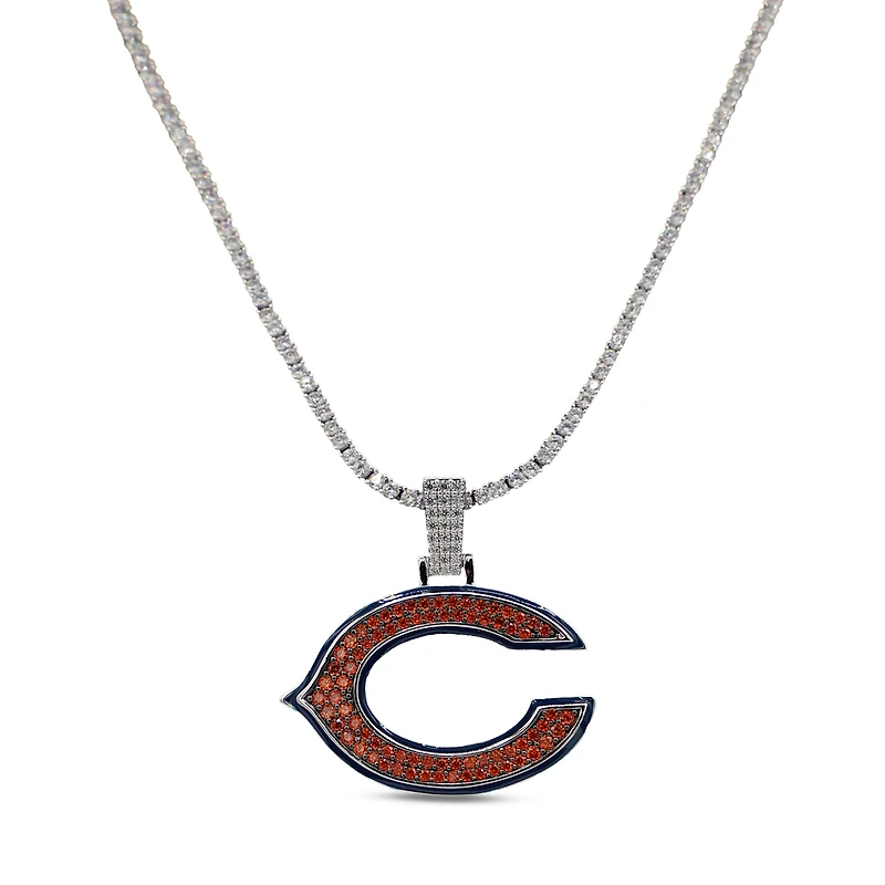 The GLD Shop Chicago Bears 14K White Gold Logo Pendant & 20" Tennis Chain