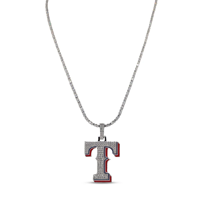 The GLD Shop Texas Rangers 14K White Gold Logo Pendant & 20" Tennis Chain