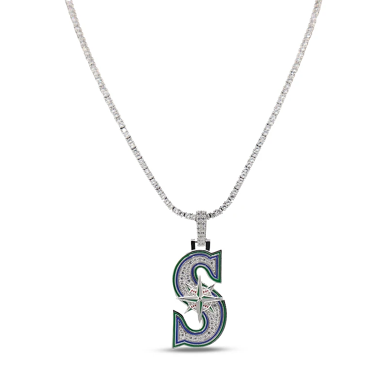 The GLD Shop Seattle Mariners 14K White Gold Logo Pendant & 20" Tennis Chain