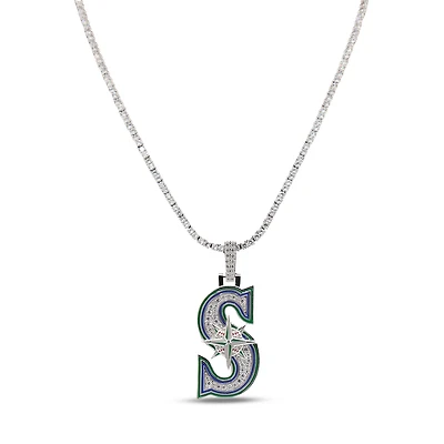 The GLD Shop Seattle Mariners 14K White Gold Logo Pendant & 20" Tennis Chain