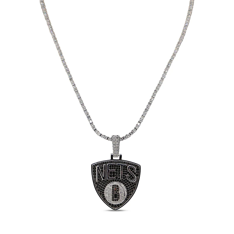 GLD Brooklyn Nets 14K White Gold Logo Pendant & 20" Tennis Chain