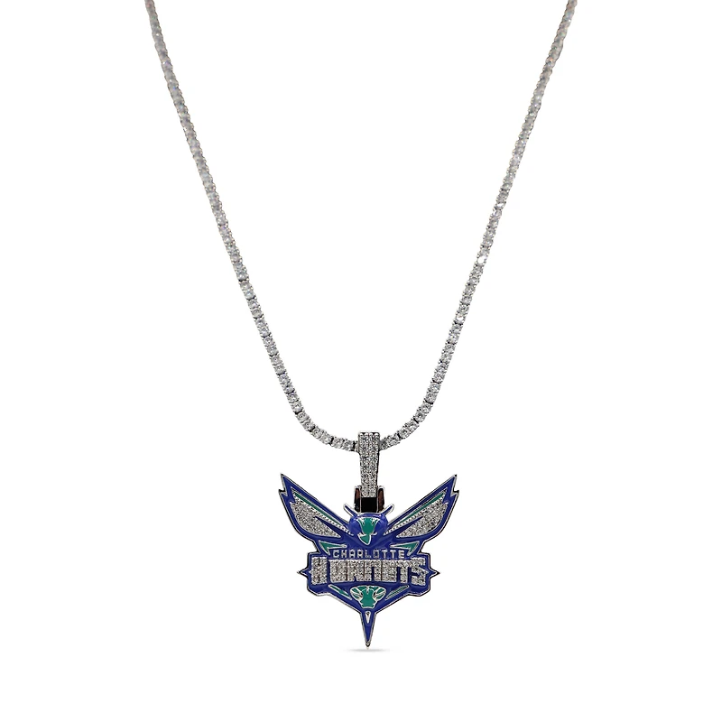 GLD Charlotte Hornets 14K White Gold Logo Pendant & 20" Tennis Chain