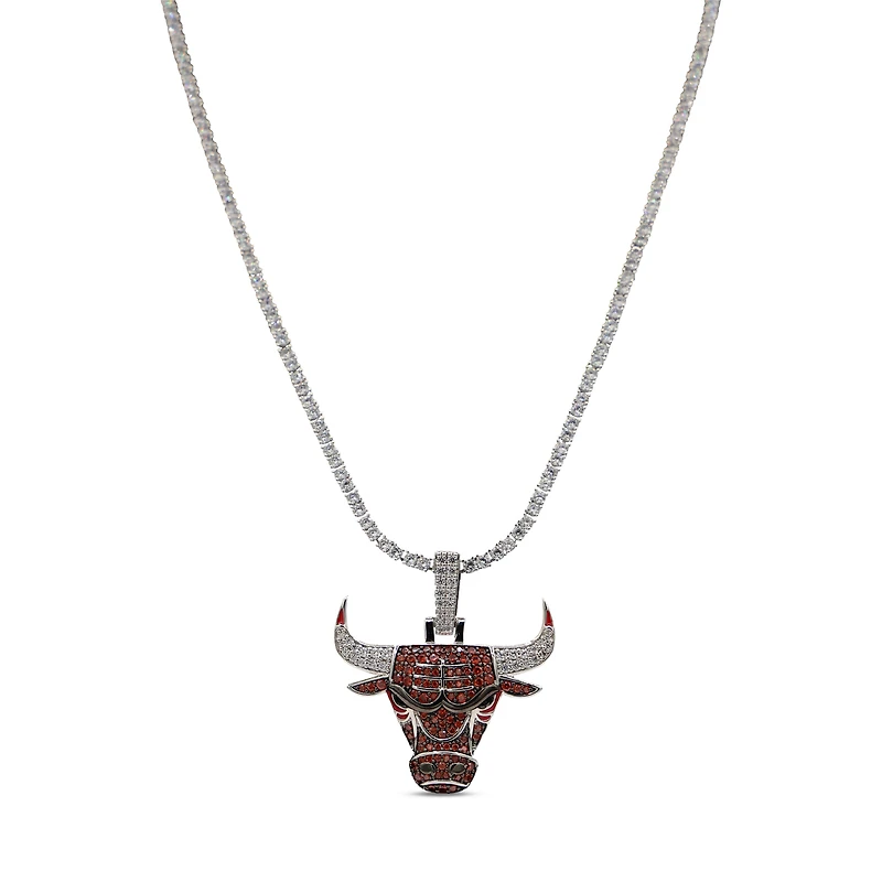 The GLD Shop Chicago Bulls 14K White Gold Logo Pendant & 20" Tennis Chain