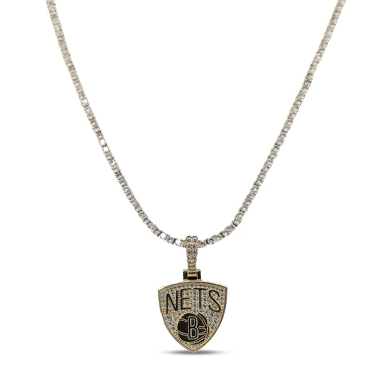 GLD Brooklyn Nets 18K Yellow Gold Logo Pendant & 20" Tennis Chain
