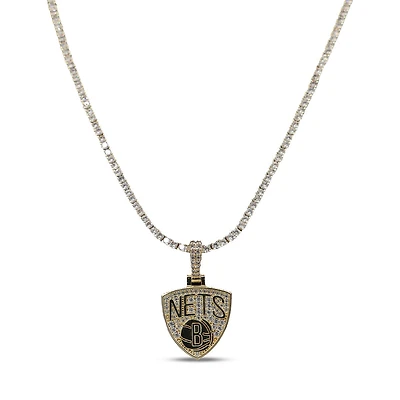 GLD Brooklyn Nets 18K Yellow Gold Logo Pendant & 20" Tennis Chain
