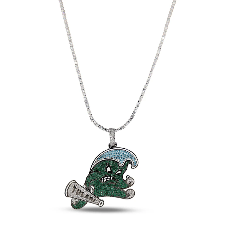 GLD Tulane Green Wave 14K White Gold Logo Pendant & 20" Tennis Chain