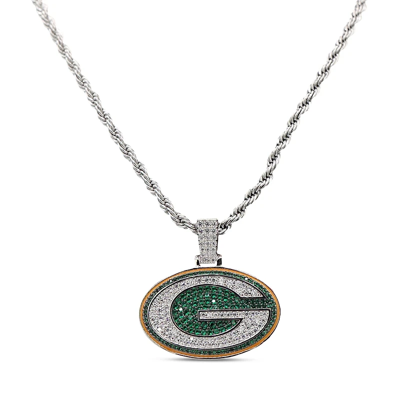 The GLD Shop Green Bay Packers 14K White Gold Logo Pendant & 20" Rope Chain