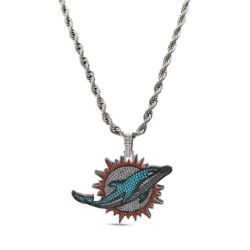 The GLD Shop Miami Dolphins 14K White Gold Logo Pendant & 20" Rope Chain