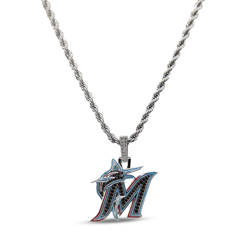 The GLD Shop Miami Marlins 14K White Gold Logo Pendant & 20" Rope Chain