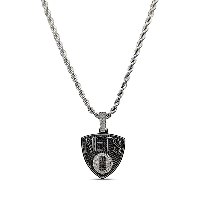 The GLD Shop Brooklyn Nets 14K White Gold Logo Pendant & 20" Rope Chain