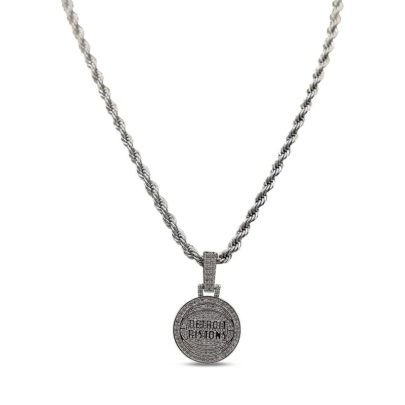 The GLD Shop Detroit Pistons 14K White Gold Logo Pendant & 20" Rope Chain