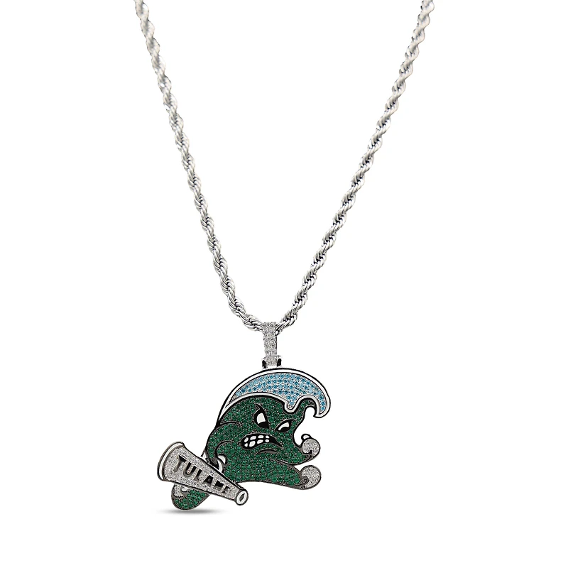 GLD Tulane Green Wave 14K White Gold Logo Pendant & 20" Rope Chain