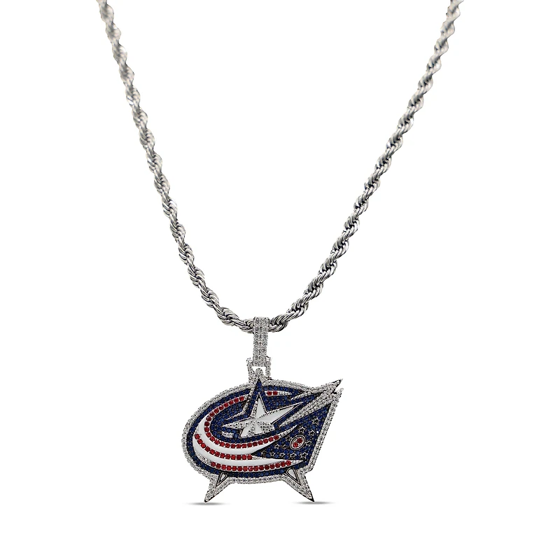 GLD Columbus Blue Jackets 14K White Gold Logo Pendant & 20" Rope Chain